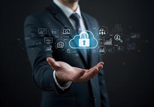 Businessman Presenting Secure Cloud Data Protection Digital Security Concept Network Technology and Cyber Safety on his Hand Modern Business and Technology Secure Cloud Computing Data Protection and N photo