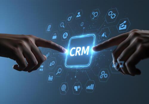 Two hands reaching out to activate a glowing CRM interface surrounded by digital icons symbolizing the power of customer relationship management in the digital age photo