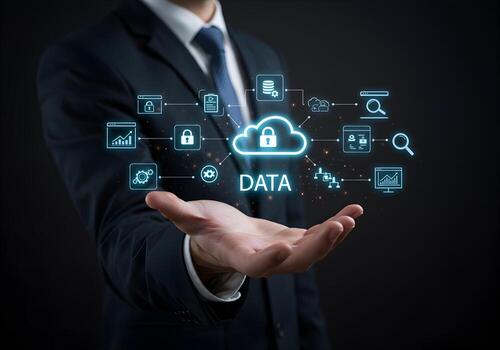 Businessman Presenting Secure Cloud Data Network Digital Technology Concept Modern Businessman Holding a Futuristic Hologram of Secured Data in his Hand Dark Background Futuristic Technology Concept photo