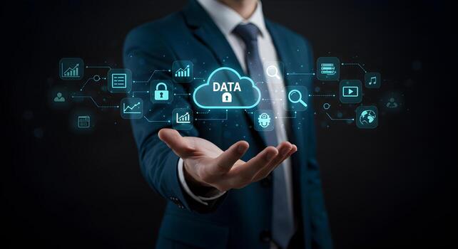 Businessman Presenting Cloud Data Storage with Secure Network and Digital Icons Concept of Big Data and Information Technology photo