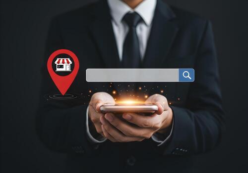 Businessman using smartphone to search for local business via online map application finding a store location with GPS This image represents the concept of online business search local SEO and mobile photo