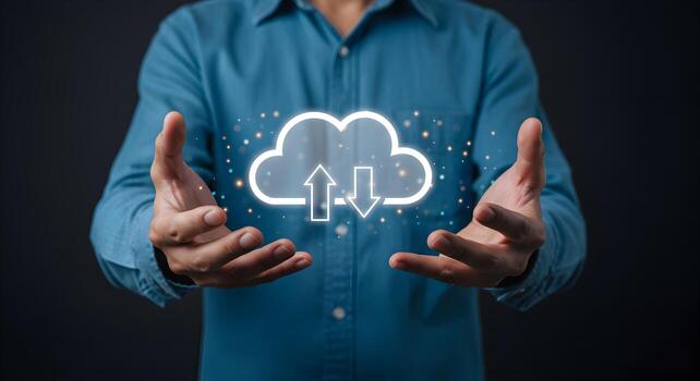 Man Presenting Cloud Computing Data Transfer Concept Uploading and Downloading Files Digital Transformation Modern Technology photo