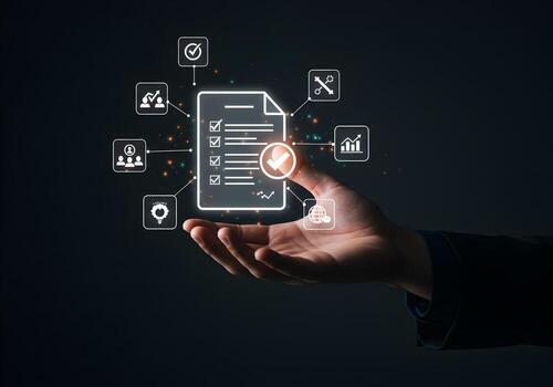 Hand Holding a Holographic Checklist Project Management Workflow and Business Process Optimization Concept photo