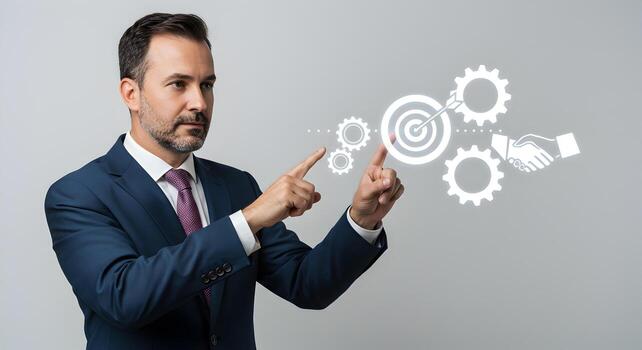 Confident businessman interacting with a futuristic digital interface showing gears target and a handshake symbolizing strategic planning and successful partnership This image conveys concepts of prog photo