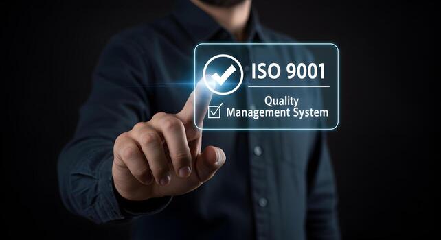 Man activating ISO 9001 Quality Management System on a digital interface a concept of business quality and process control The image conveys efficiency technology and compliance photo