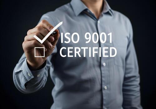 Businessman checks ISO 9001 certification on a digital touchscreen signifying quality management and business success This image is ideal for illustrating concepts of quality control compliance and bu photo