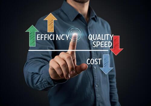 Man Optimizing Efficiency and Quality Reducing Costs and Speed in a Futuristic Business Setting Image depicts a businessman using a touchscreen interface to balance business priorities focusing on eff photo