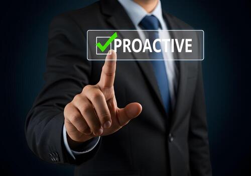 Businessman selects proactive on touchscreen interface signifying initiative and forwardthinking in modern business This image depicts ambition success and strategic planning in a professional setting photo