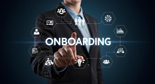 persona de negocios utilizando digital interfaz a gestionar inducción proceso demostración equipo colaboración flujo de trabajo y formación concepto de sin costura empleado integración y eficiente hora foto