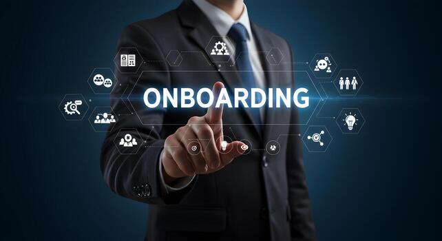Businessman Initiating Onboarding Process with Digital Interface and Icons Showing New Employee Integration HR and Workflow Concept photo