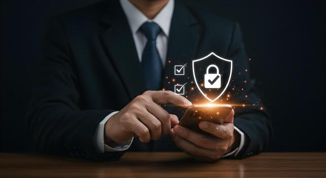 Businessman using smartphone to secure data checking security protocols and ensuring digital safety with a glowing shield and lock icon symbolizing online protection and secure transactions photo
