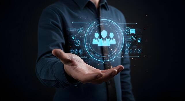 Man presenting a holographic interface showing a team of professionals symbolizing human resources teamwork and collaboration in a digital business environment The futuristic concept highlights innova photo
