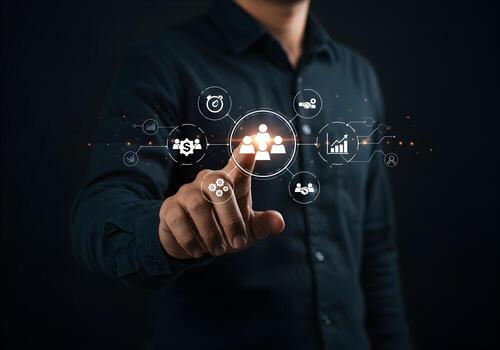 Man Interacting with Futuristic Holographic Interface Showing Team Management Financial Data and Business Growth Dark Background Concept of Modern Business and Technology photo