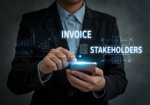 Businessperson using digital tablet to manage invoice and stakeholders workflow Financial technology concept image showing modern business processes and digital transformation in accounting and financ photo