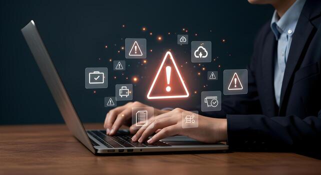 Businessperson working on laptop computer encountering a system warning alert digital risk and data security issues urgent problem solving concept photo