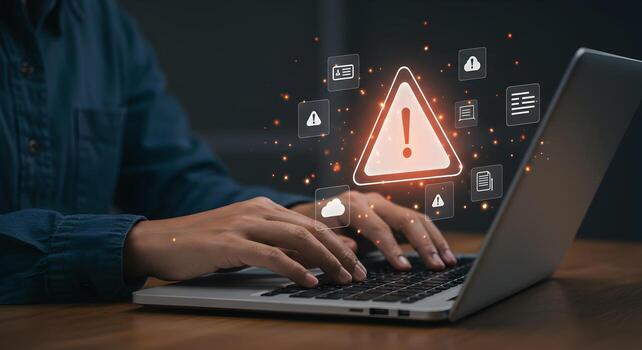 Person working on laptop computer experiencing a critical system alert digital warning signs and icons appearing above the keyboard indicating a problem requiring urgent attention The concept represen photo