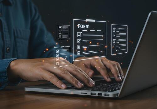 Person completing an online form on laptop checklist concept digital task management efficient workflow in modern workplace photo