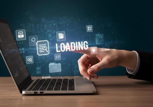 Hand Interacting with Laptop Screen Showing Loading Process Digital Technology Concept Futuristic Interface Data Processing Progress Modern Workplace Innovation Business Technology Computer Screen Fin photo