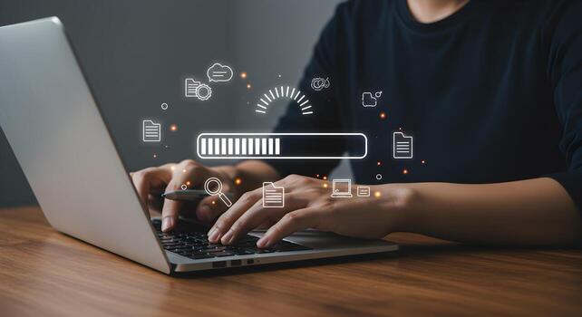 Person working diligently on laptop progress bar loading data showcasing digital transformation and innovation in a modern office setting The image evokes a sense of efficiency and technological advan photo