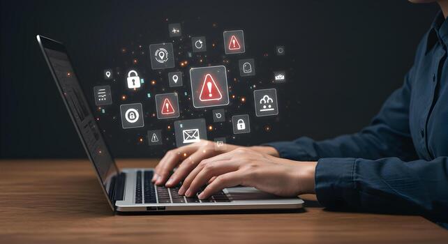 Person working on laptop computer experiencing a cybersecurity threat with digital warning signs and icons appearing above the keyboard dark office setting concept of online security risk and data bre photo