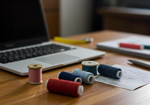 Spools of colorful thread arranged on a wooden desk next to a laptop computer suggesting a fashion designers workspace or a sewing project in progress The image evokes creativity craftsmanship and the photo