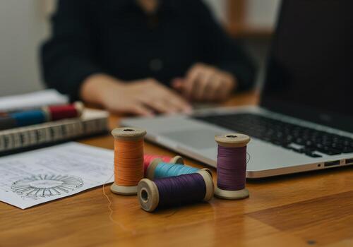 Colorful threads and spools of thread arranged on a wooden table next to a laptop computer with a blurred background of a person working a concept image representing creativity craftsmanship and moder photo