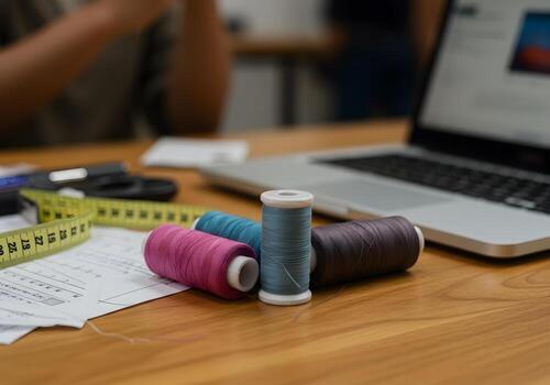 Spools of colorful threads arranged on a wooden desk next to a laptop symbolizing the modern fashion design process and the blend of technology and craftsmanship photo