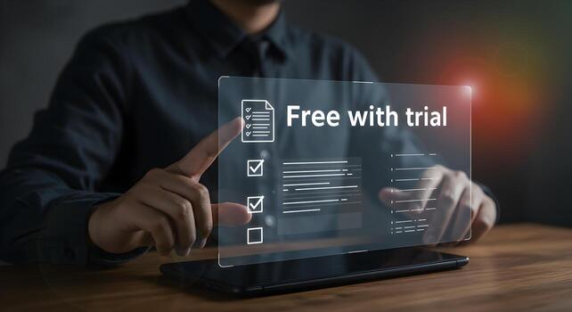 Businessperson activating free trial offer on a digital tablet at the office The concept is about testing and exploring new software or services before committing to a full purchase This image is perf photo