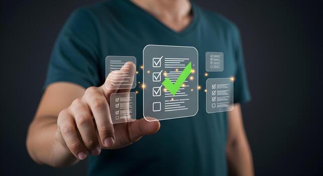 Man using a futuristic touchscreen interface to check a list completing tasks and achieving goals efficiently in a modern digital workspace The image conveys a sense of productivity success and techno photo