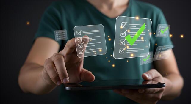 Person using a digital tablet to check off items on a checklist completing tasks and achieving goals in a modern digital workspace The image conveys efficiency productivity and success in project mana photo