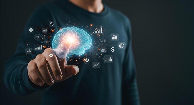 Person Interacting with a Holographic Brain and Data Futuristic Technology Concept A mans fingertip interacts with a 3D rendering of a human brain surrounded by digital icons representing data analysi photo