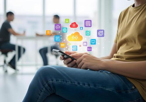 Man using smartphone app to access cloud computing services in a modern office setting showcasing seamless data synchronization and digital collaboration photo