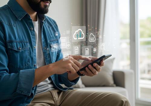 Man using smartphone to access cloud storage managing digital files from home seamless data transfer concept photo
