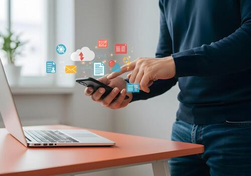 Man using smartphone to manage digital files and data in a modern home office showcasing efficient remote work and cloud technology photo