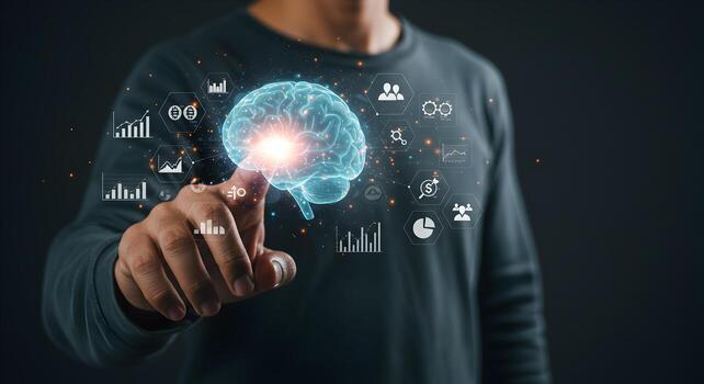 Man Interacting with a Holographic Brain Analyzing Data and Business Intelligence Futuristic Technology Concept photo