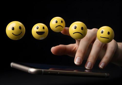 Woman using a smartphone to interact with floating emojis representing customer feedback showing a range of emotions from happy to unhappy illustrating online review and user satisfaction concept photo