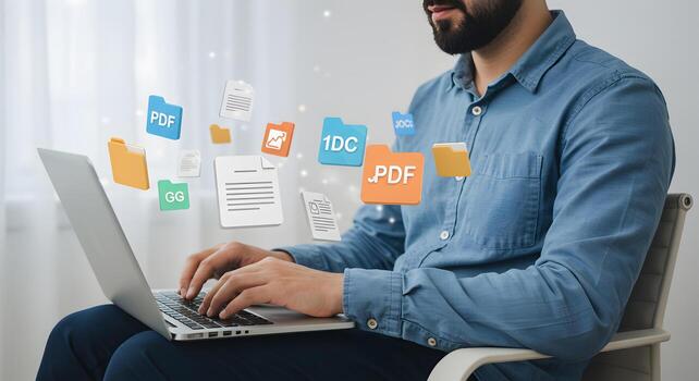 Man Working on Laptop with Digital Documents Files and Folders - Remote Work Efficiency and Modern Technology Concept photo