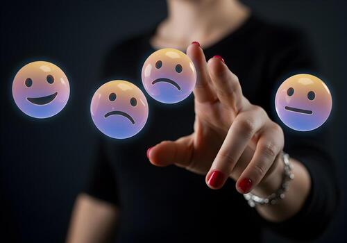 Woman using digital interface to interact with feedback emojis assessing customer satisfaction and online reviews The image depicts a modern approach to analyzing customer sentiment and improving user photo