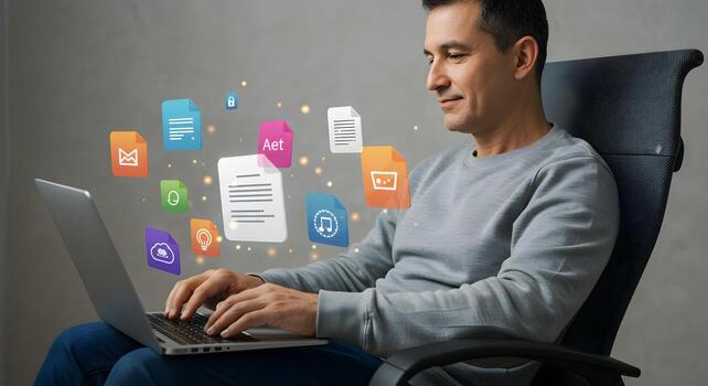 Smiling man working on laptop digital files and applications icons hovering around him modern home office concept of remote work and digital lifestyle photo