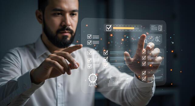 Focused businessman reviewing digital checklist interface managing tasks and projects in a modern office setting symbolizing efficiency and success photo