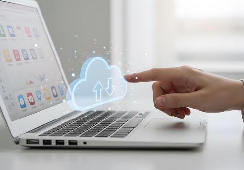 Woman using laptop computer to upload and download data to the cloud fast connection digital technology online storage concept photo