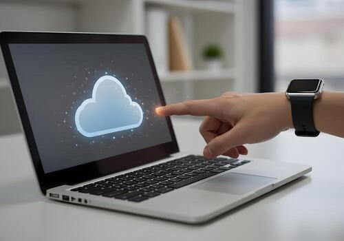 Person interacts with cloud computing icon on laptop screen innovative technology concept in modern office workspace Cloud storage data access and digital transformation are visualized The image depic photo