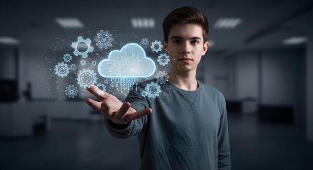 Young man presenting a futuristic cloud computing interface with gears in a modern office symbolizing innovation and technological advancement photo