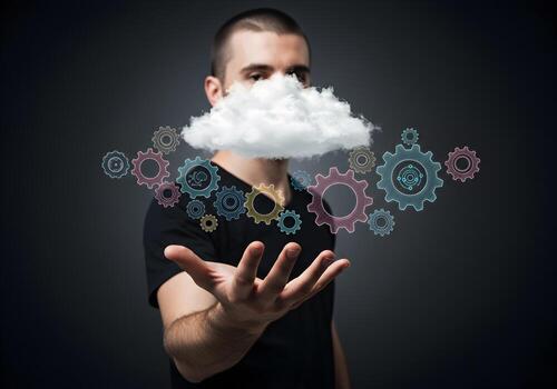 Man Presenting Cloud Computing Technology with Interconnected Gears Symbolizing Innovation and Network Synergy photo