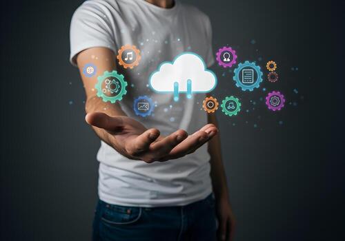 Man Presenting Cloud Computing Technology with Icons of Multimedia Music and Documents in a Dark Studio Setting Symbolizing Digital Innovation and Data Management photo