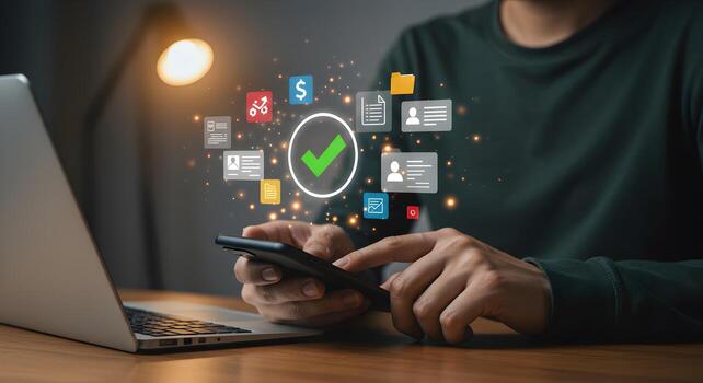 Person using smartphone to manage tasks and data illuminated by warm lamplight in a modern home office setting symbolizing efficiency and digital success photo