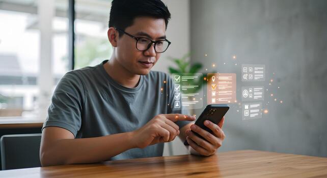 Man using smartphone app with checklist interface at home managing tasks and appointments with digital technology photo