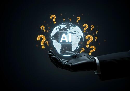 Robotic hand holding a digital globe with AI symbol surrounded by question marks representing uncertainty and challenges of artificial intelligence in a global context photo