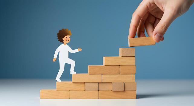 Person ascending a staircase made of wooden blocks representing growth and progress with a hand adding a block to the top symbolizing support and opportunity This image depicts concepts of career adva photo