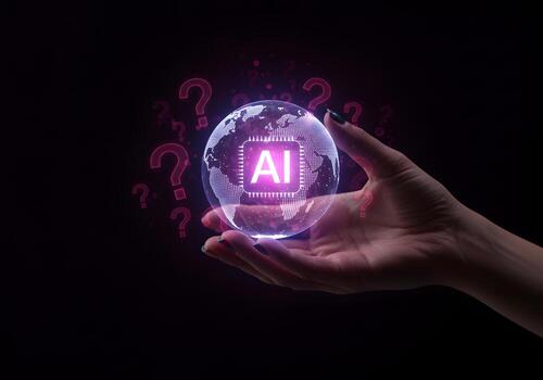Womans hand holding a glowing holographic Earth with an AI chip symbol surrounded by question marks representing global artificial intelligence and uncertainty photo